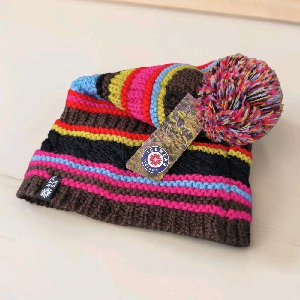 New ICEWEAR Iceland Hand Knit Bergey Fleece-Lined Wool Beanie Rainbow O/S